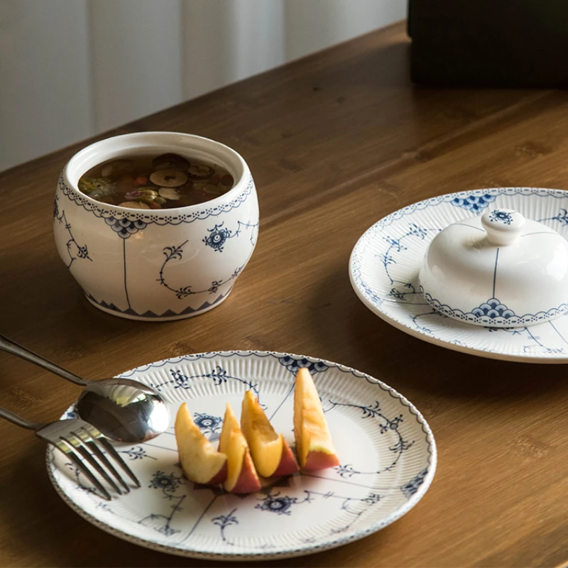 Creative Senior Stewing Cup Household Ceramic Underglaze Color Dim Sum Plate with Cover Small Soup Pot Kitchen Tableware