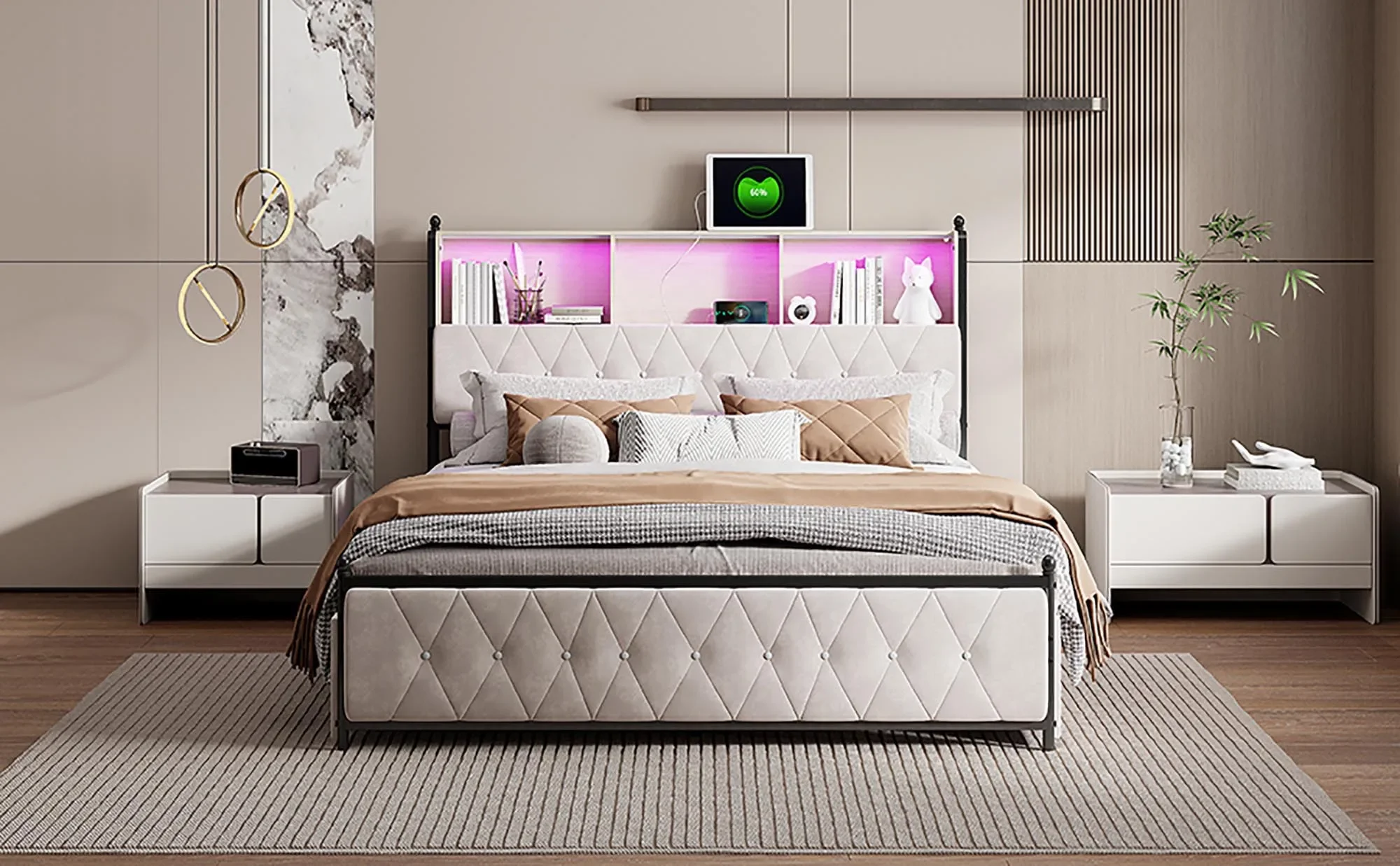 Comanlai Polsterbett mit Fach-LED-Kopfteil, 4 Schubladen und USB-Anschlüssen, Bett mit Lattenrost, ohne Matratze, Beige – Detail 3