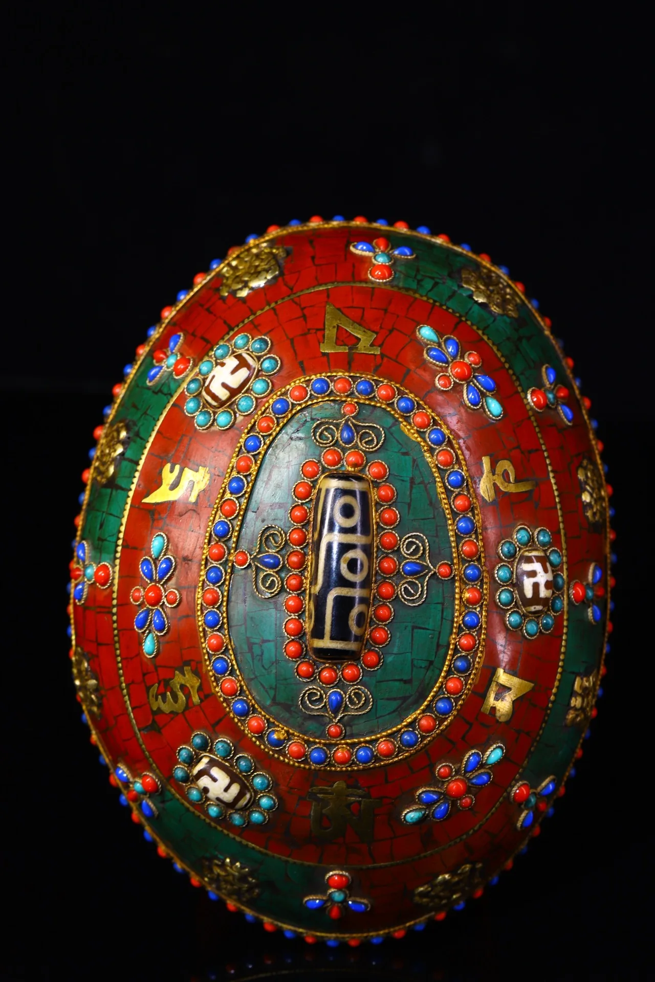 

7"Tibetan Temple Collection Tibetan silver Mosaic Gem Dzi Beads Six Character Proverbs Gabala Bowl Amulet Dharma Town House