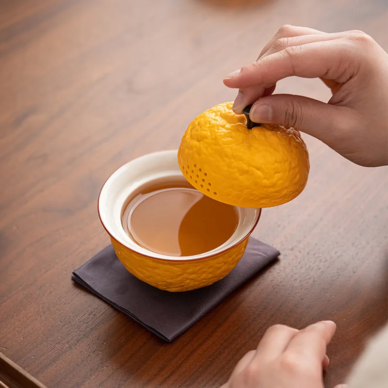 Handmade Ceramic Gaiwan Pottery Tea Bowl Cups Pigmented Orange Shape Tea Tureen Chinese Kungfu Teaware Cup Set