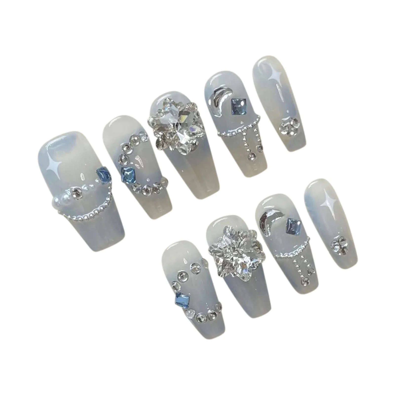 

10pcs Woman Coffin Fake Nail Moon Pearl Glittering Haze Blue Artificial Nail for Salon Expert and Naive Women