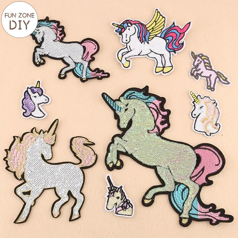 FZdiy Cartoon Unicorn Pony Sequined Applique Ironing Clothing Sewing Supplies Decorative Patches for Clothing Iron on Patches