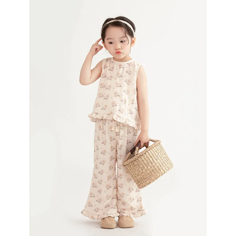 Ins 2024 Summer Kids Girls 2PCS Clothes Set Cotton Thin Floral Sleeveless Top Cool Pants Suit Children Baby Girls Outfits