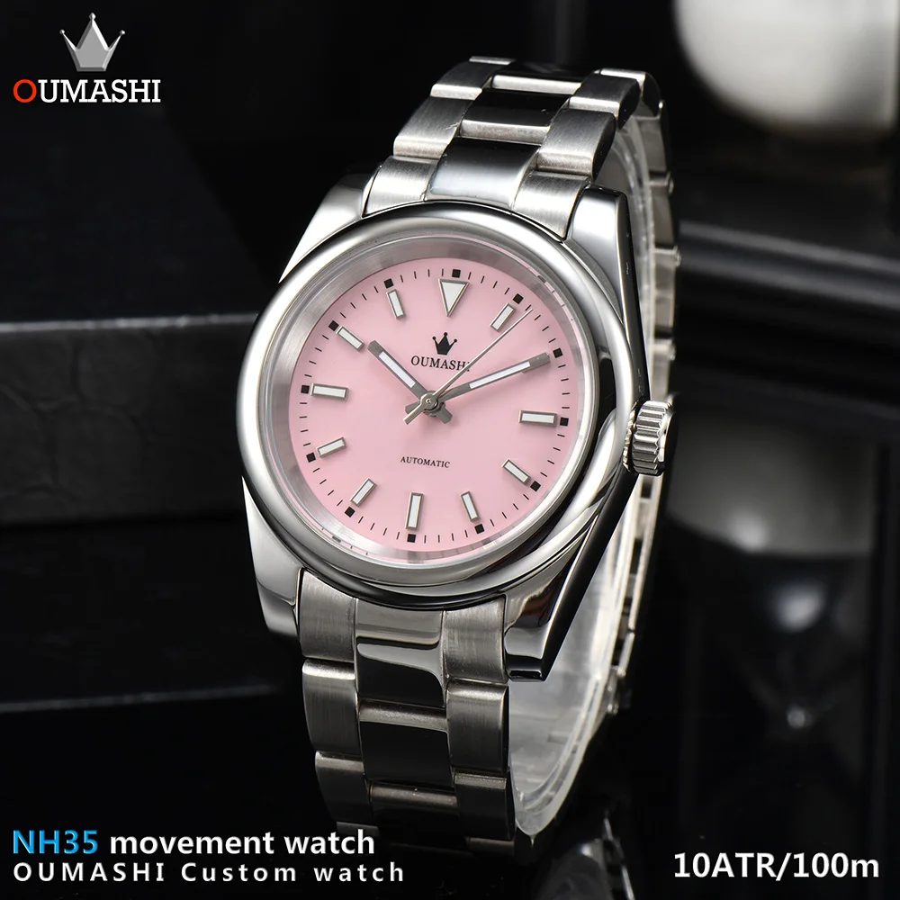 

OUMASHI 39mm men's watch NH35 silver strap sapphire crystal luminous dial automatic silver waterproof 100m aseptic watch 0.1