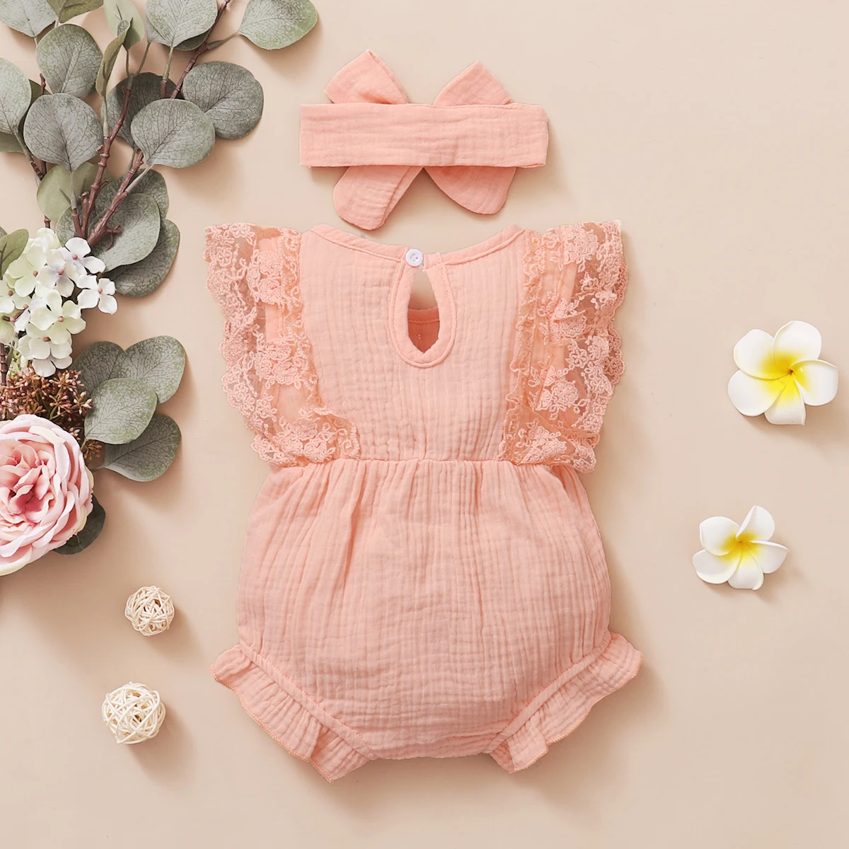0-18 Months Newborn Baby Girl Plain Soft Bodysuit Lace Flared Sleeve Summer Romper with Headband Toddler Baby Girl Clothing 4