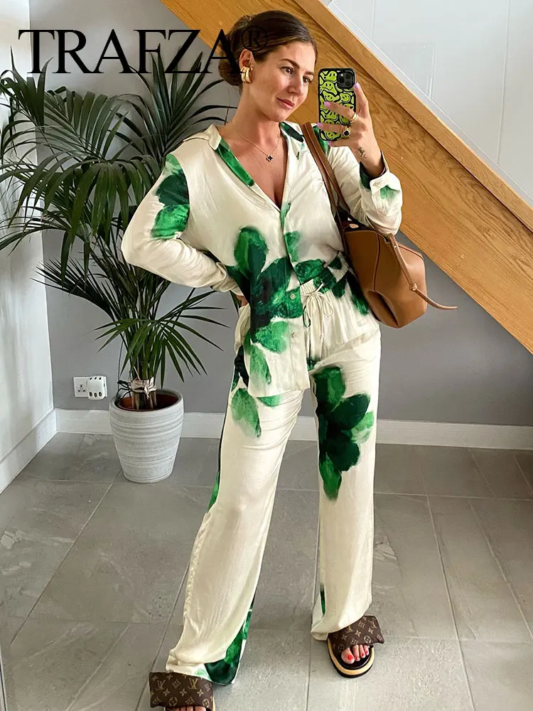 TRAFZA Floral Print Pant Sets For Women Casual Button Long Sleeve Shirt Drawstring Straight Trousers Elegant Woman Outfit TRAF