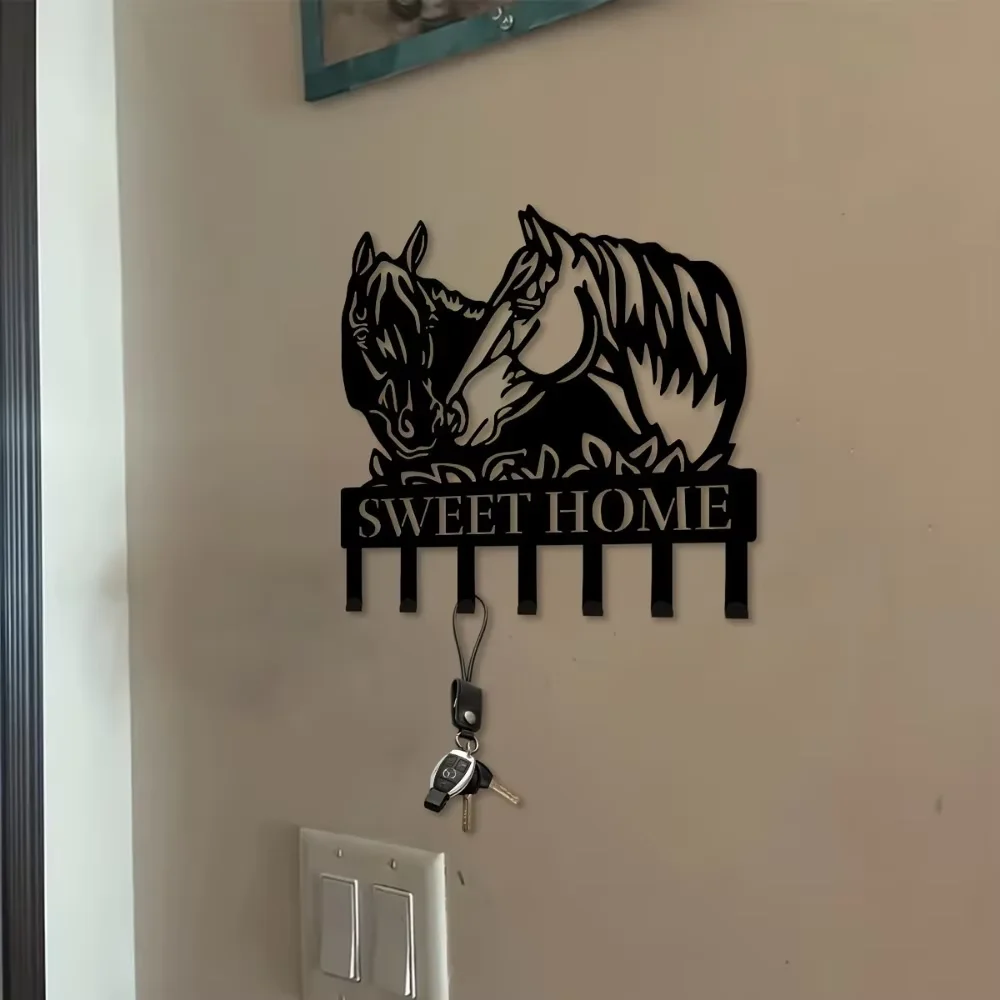 1pc, Wall Two Horse Head Metal Key Hanger, Multi-Purpose Clothes Bag Key Hook, Decorative Living Room Wall Hook, Metal Wall 3