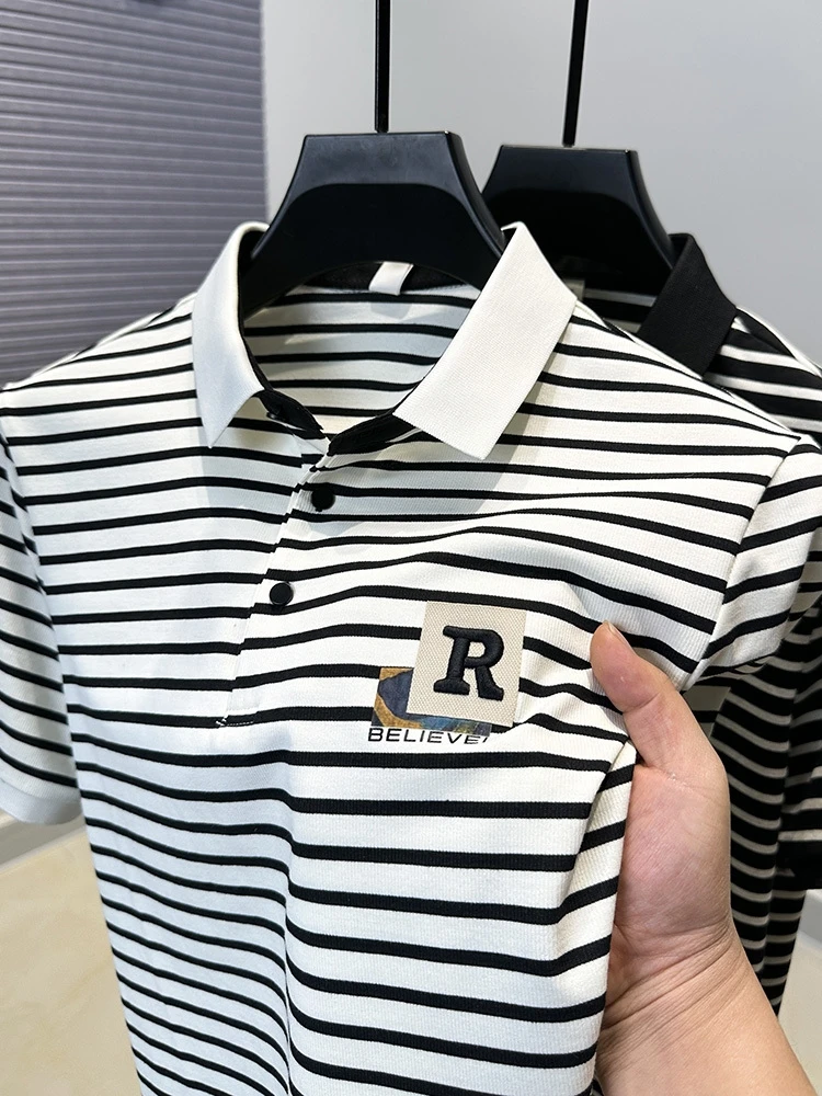 High end brand embroidery men short sleeve polo shirt fashion black white striped summer comfort breathable youth trend T-shirt 11 S18b6a178820b485abf7e65851697f5beG
