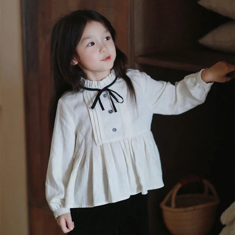 Girls' White Shirt Casual British Top Long Sleeve Lace Neck Shirt Baby Girl Autumn Children's Versatile Solid Color Top