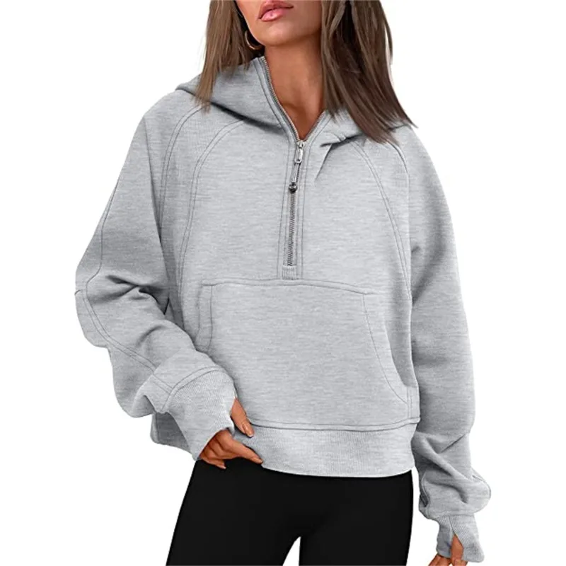 

Autumn and Winter Hooded Pullover Short Sweater Women's Solid Color Sports Leisure Long-sleeved Zipper Turtleneck Yoga Clothes