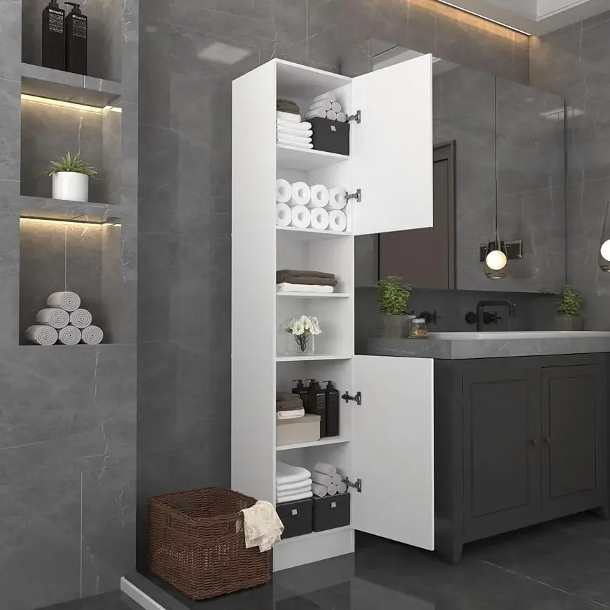 

70.87" Tall Bathroom Storage Cabinet, Narrow Linen Tower Cabinet with 2 Doors & 6 Tier Shelves, Freestanding Linen Towe
