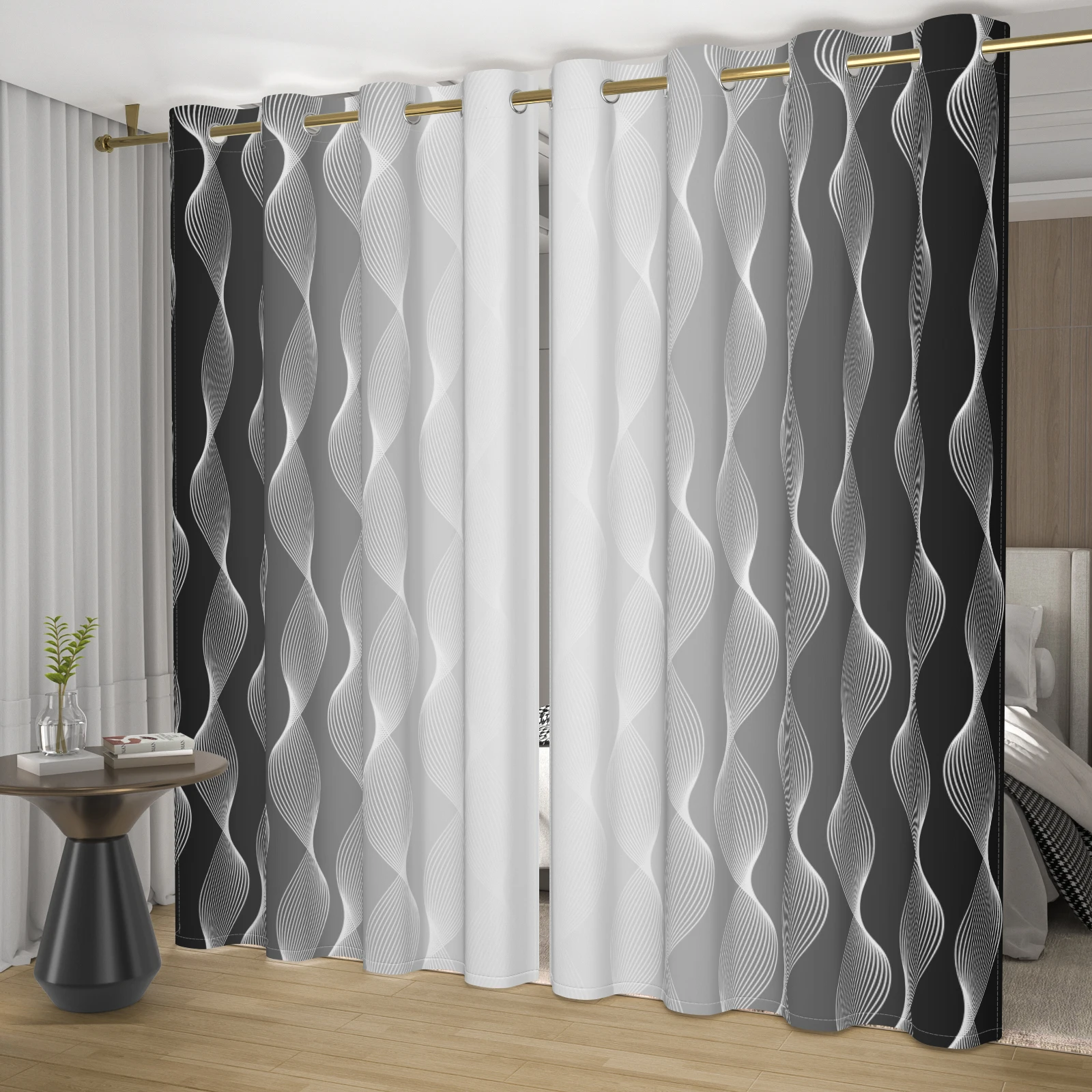 ผ้าม่านกันแสงลายคลื่นทันสมัย 2 แผ่น สำหรับตกแต่งหน้าต่างห้องนั่งเล่นและห้องนอน ผ้าม่านกันความร้อนไล่เฉดสีสันสดใส 1