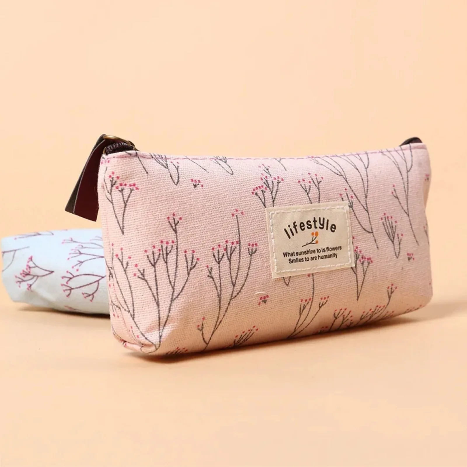 Cute Kawaii Floral Flower Canvas Zipper Pencil Cases Fabric Flower Tree Pen Bags School Supplies