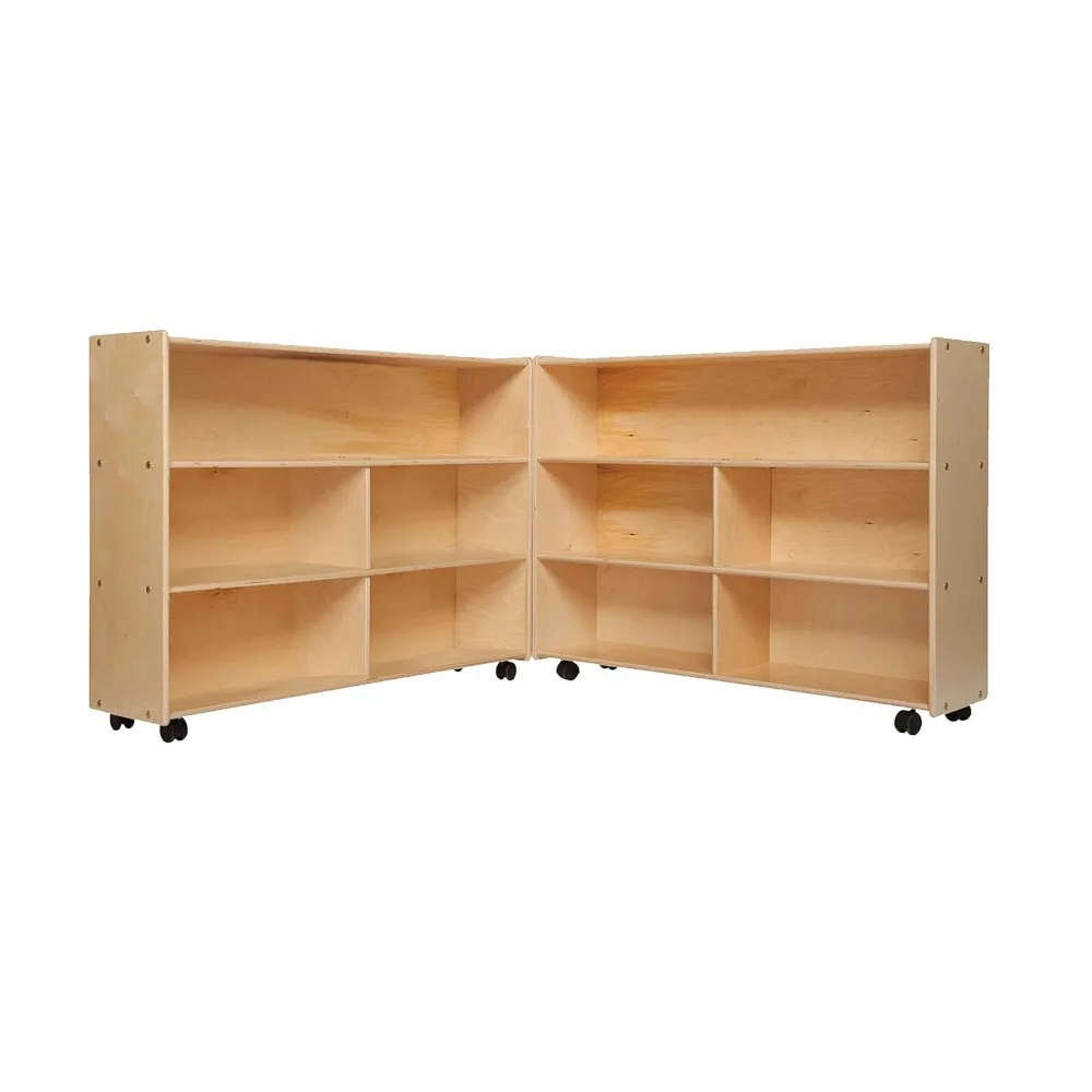 Extra large folding mobile storage organizer for daycare classroom preschool wood furniture on rolling casters with 4 shelves
