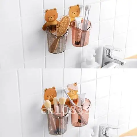 

Wall Mounted Bear Toothbrush Holder Cup Punch Free Storage Rack Bathroom Supplies Organizer Bathroom Accessories