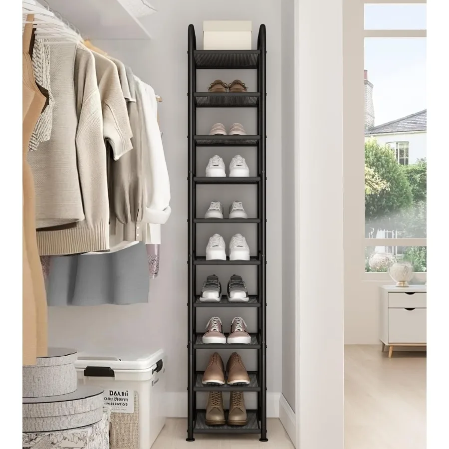 10Tier Narrow Shoe Rack with Sturdy Mesh Shelves Slim Tall Metal Shoe Organizer for Entryway Closet Hallway Holds 10 Pairs Vert