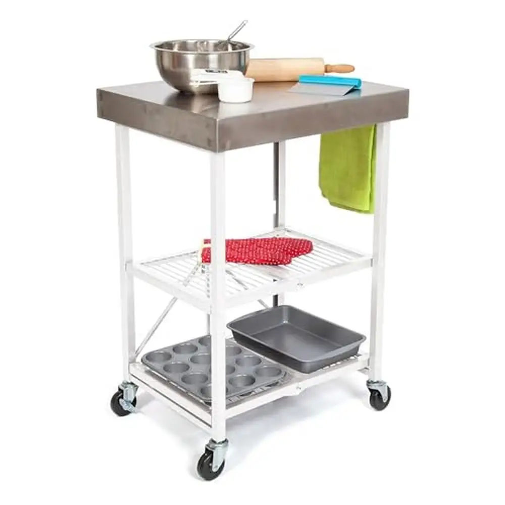

3-Tier Foldable Rolling Kitchen Cart on Wheels Chef's Outdoor Coffee Wine Food Microwave Cart Sturdy Stainless Steel
