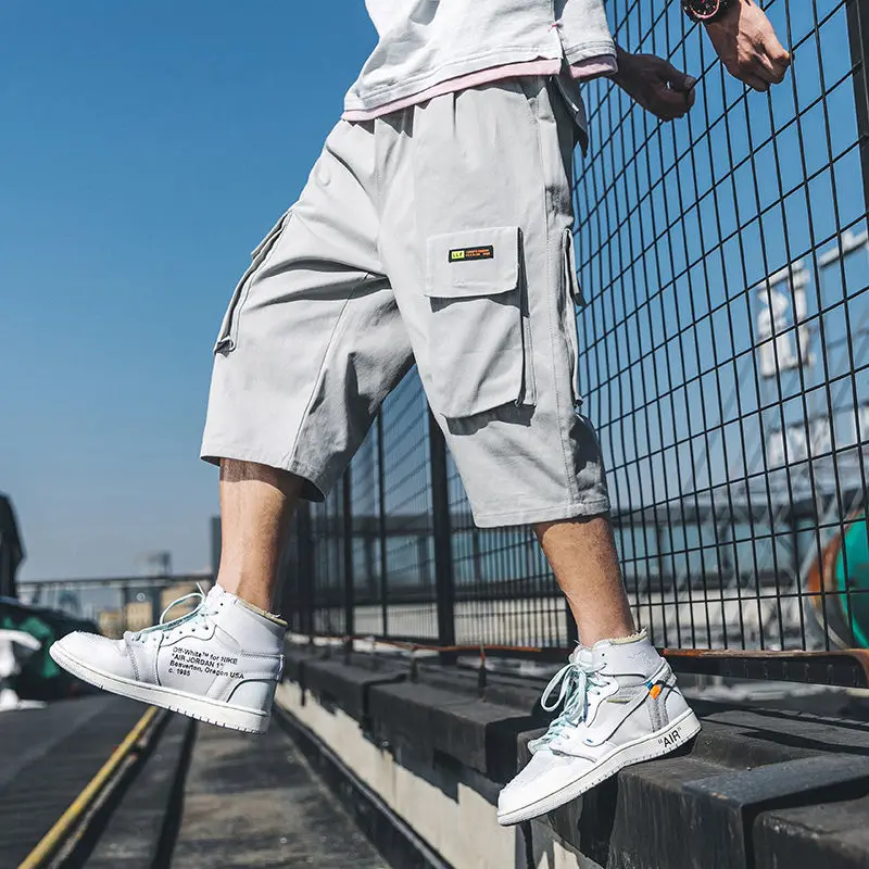 Summer Workwear Shorts Men's Loose Thin Capris Casual Shorts Pants Large Capris Multi Pocket Drawstring Cargo Shorts Male