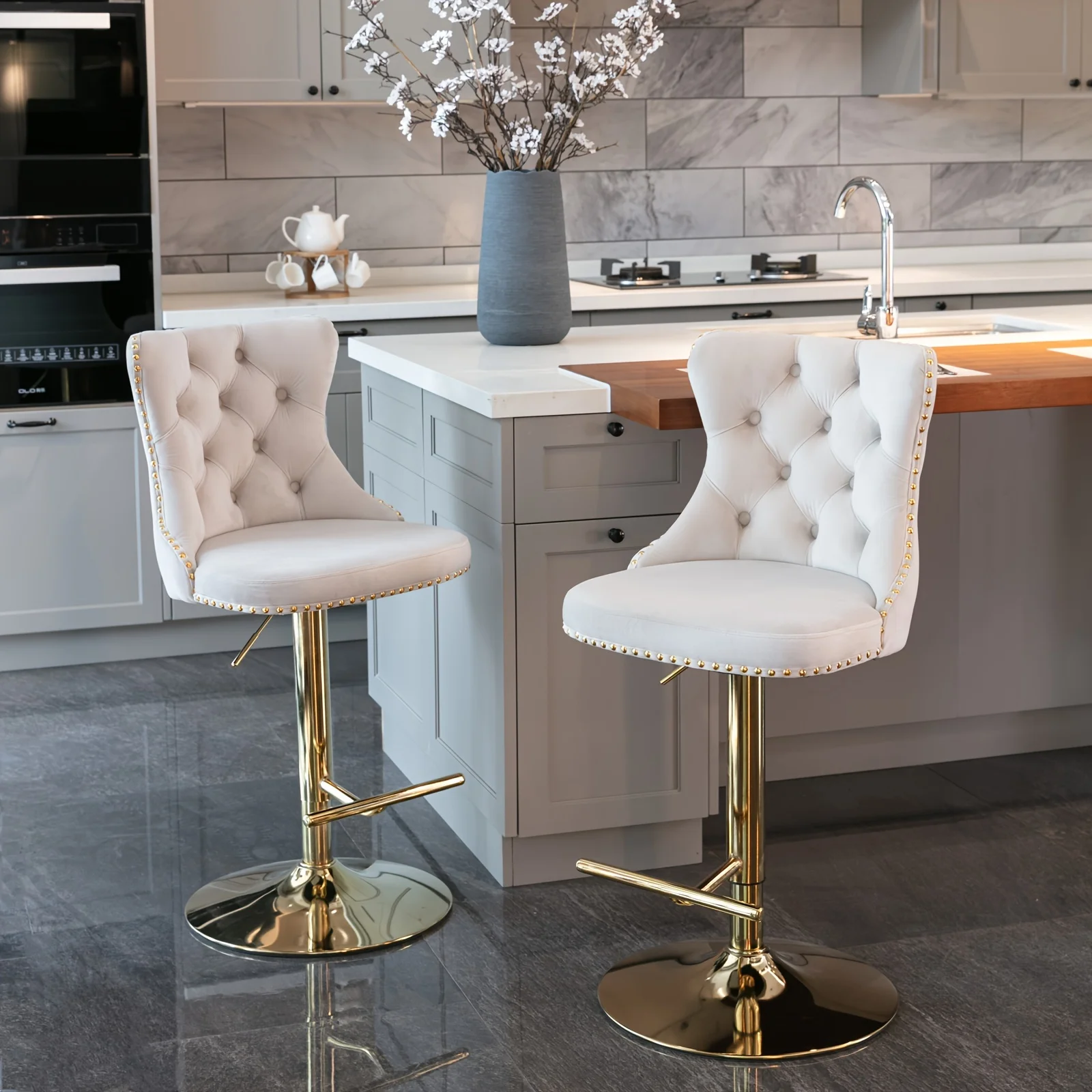 

1 Set of 2 Velvet Swivel Bar Stools with Adjustable Backrest - Nailhead Accents, Button Tufted Design for Kitchen Island, Restau