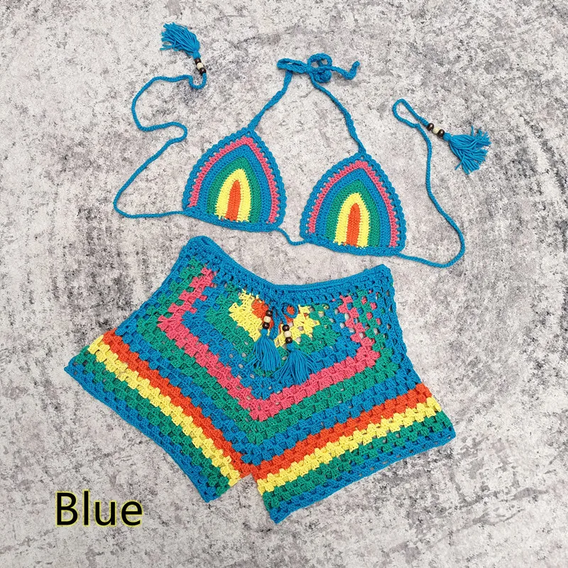 Explosive Foreign Trade Handmade Crochet Quick-drying Breathable Cotton Thread Color Bikini Set Beach Vacation Swimsuit