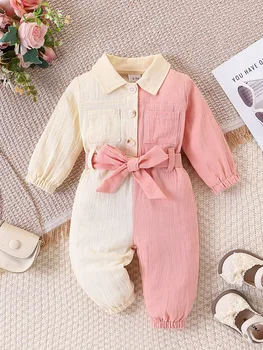 Baby Girl Color-Blocked Long-Sleeved Jumpsuit with Lapel and Button Closure, Waist Bow Tie, Patch Pocket Design, Soft Fabric, Cute One-Piece Outfit for Spring and Autumn 1