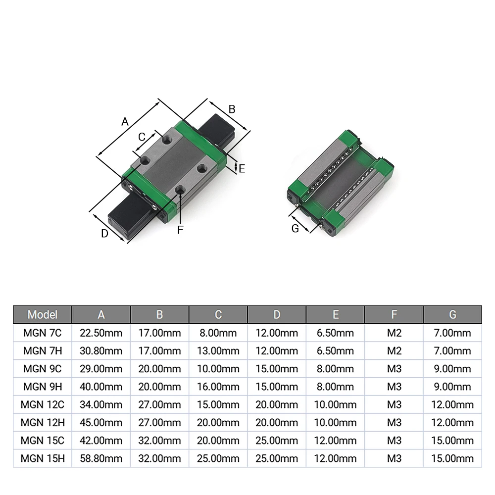 2Pcs MGN 선형 슬라이드 블록 MGN7 MGN9 MGN12 MGN15 MGNR7/9/12/15 선형 가이드 3D 프린터 CNC 부품 용 선형 가이드 블록 캐리지
