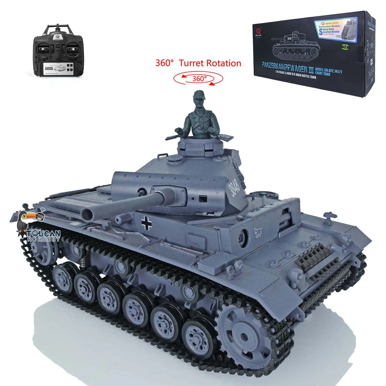 2.4G HENG LONG 1/16 7.0 Plastic German Panzer III L RTR Radio Control Model Army RC Tank 3848 360° Turret BB Pellet TH17340-SMT4 2