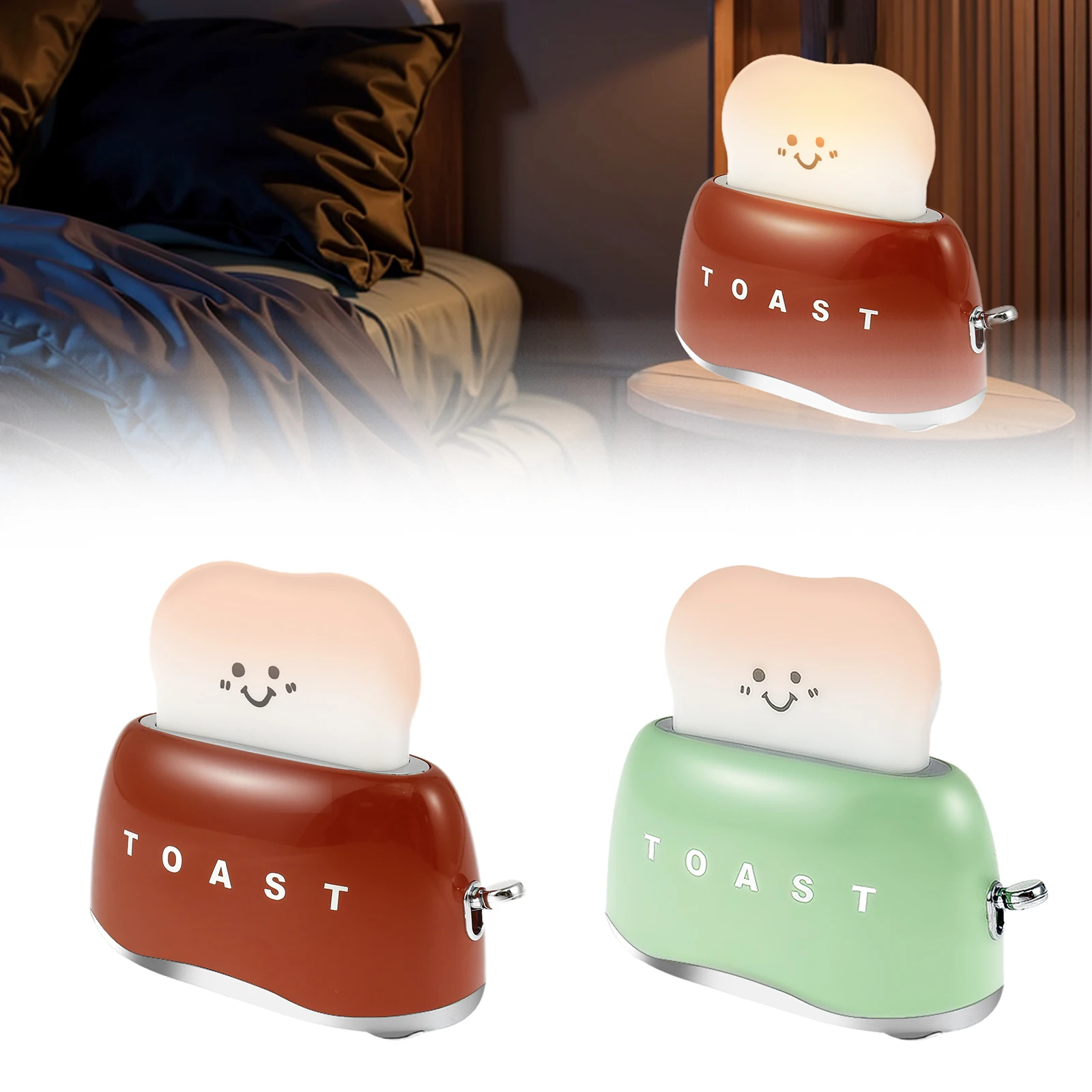 스마일 토스터기 램프, USB 충전식 토스터기 라이트, 레트로 빵 야간 조명 장식, 침대 옆 야간 램프, 귀여운 소형 램프, 1200mAh 