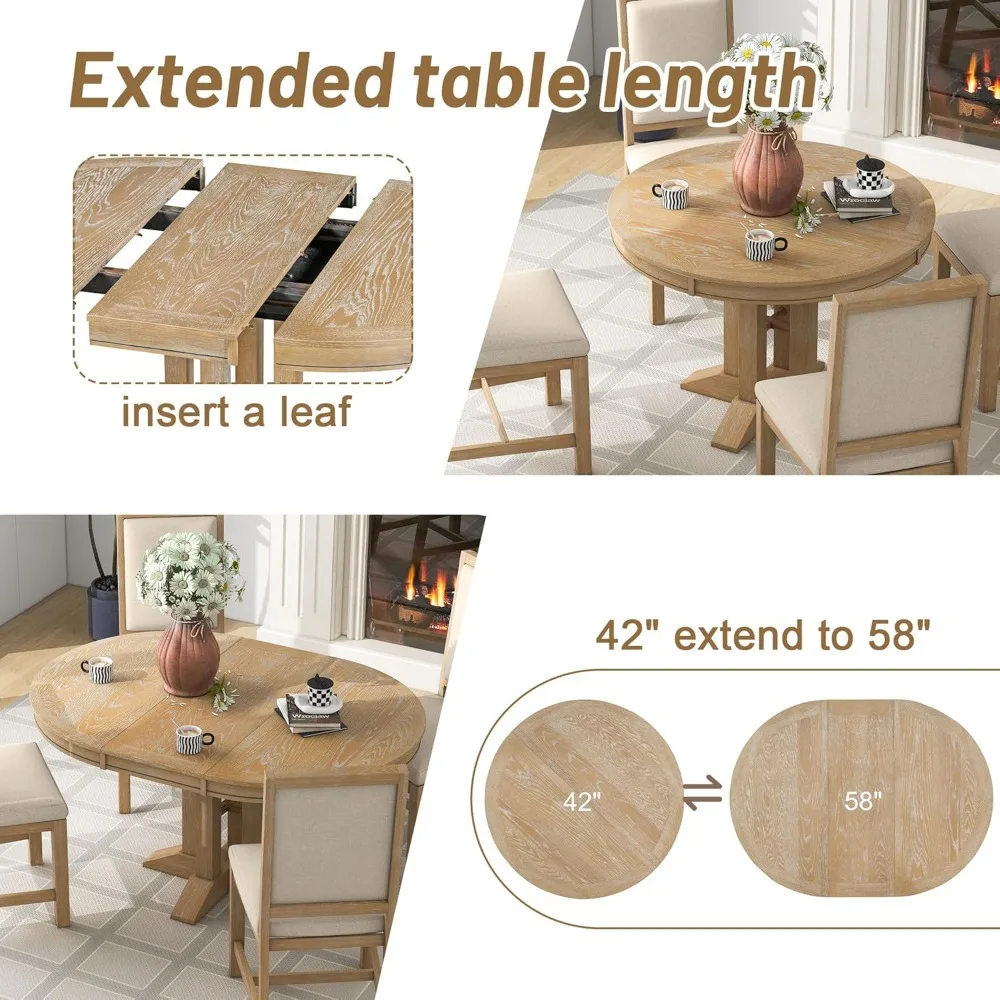 5-Piece Dining Sets, Farmhouse Kitchen Table Set-Extendable Round Table and 4 Upholstered Chairs for Kitchen, Living Room