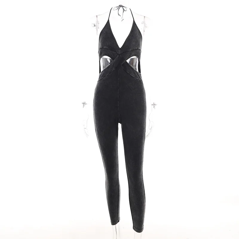 Sexy Halter Lace Up Backless Bodycon Jumpsuits Women Sleeveless Cut Out Straight Pants One Piece Rompers 2023 Summer Overalls
