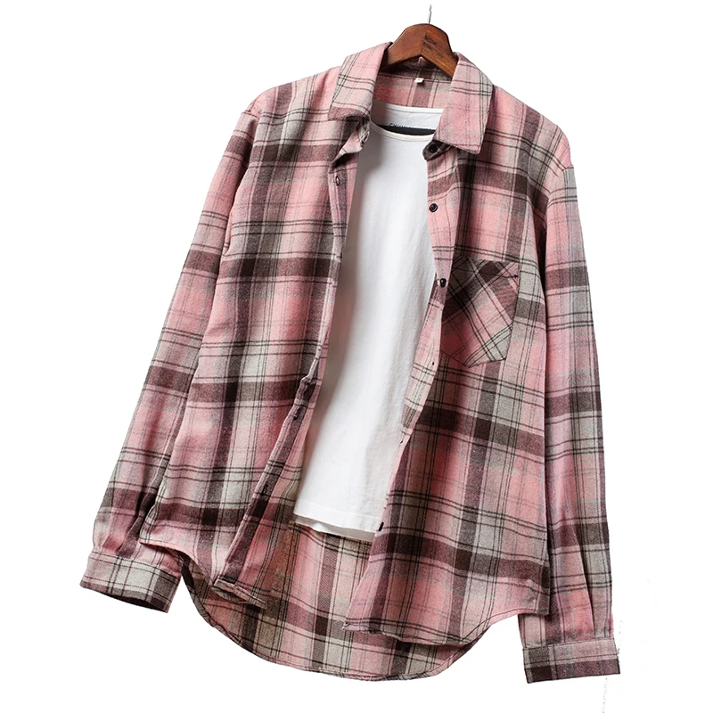 2024 Spring New Women Plaid Shirts Pink Loose Blouses Long Sleeve Casual Lady Tops White Pocket Female Clothes