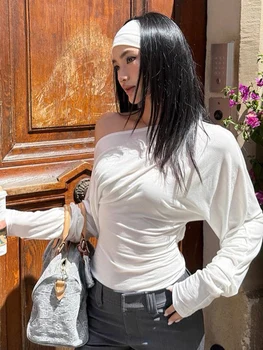 Solid Inclined Shoulder Batwing Long Sleeve T-shirts Tops 2025 Autumn Women Fashion Sexy Backless Slim Casual Streetwear Tees 1