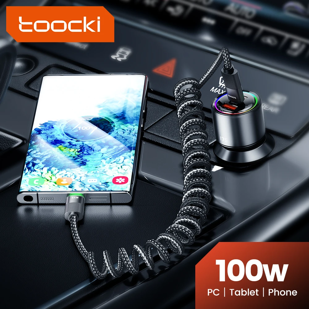 Toocki 5 a100w cavo da tipo C a tipo C caricatore per telefono da auto retrattile a molla ricarica rapida USB per iPhone 15 Xiaomi Samsung S23 Huawe