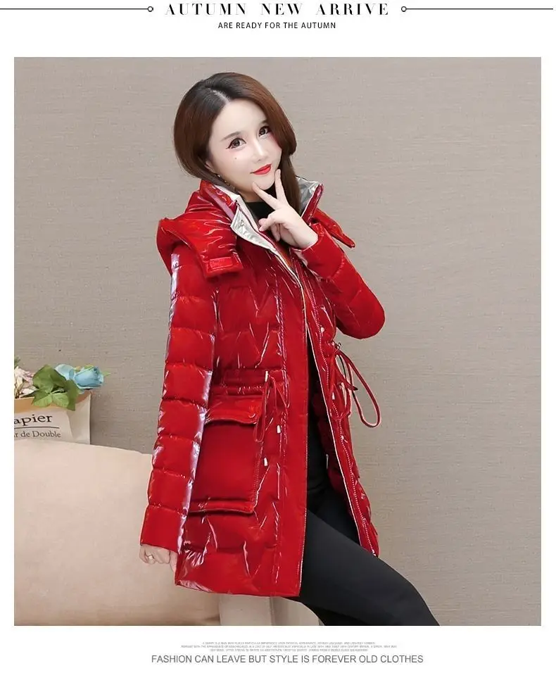 New Women's Down Cotton Coat Winter Warm Jacket Long Thick Bright Face Wash Padded Jackets Female Hooded Parker Overcoat Red 5XL