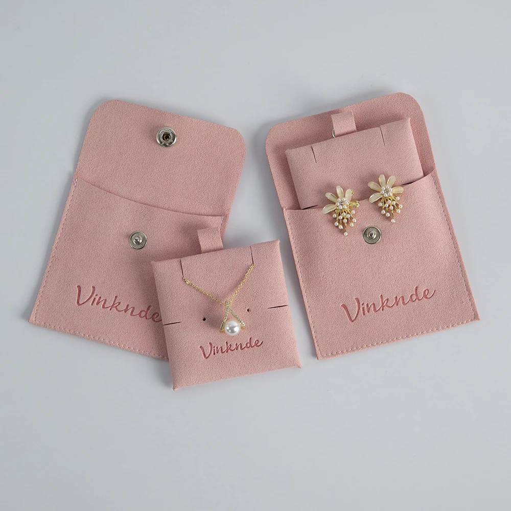Custom Logo Jewelry Bags 8x8cm Microfiber Snap Jewelry Earrings Necklace Organizer Pouch Gift Bags with Insert Hardboard Cards