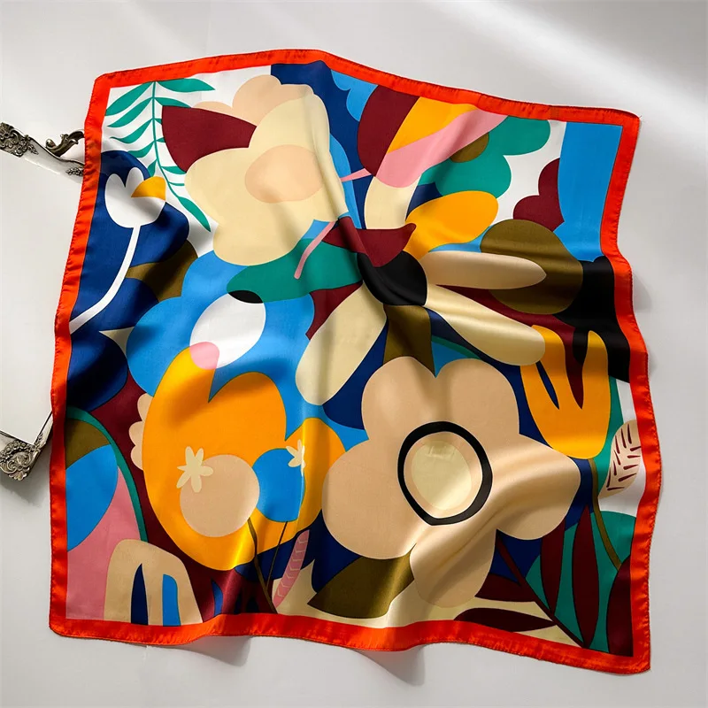 70*70cm Silk Square Scarf Women Soft Flower Print Hairband Foulard Neckerchief Hijab Tie Bag Ribbon Headband Fashion Decoration 2