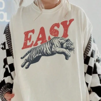 Retro Boho Easy Tiger Graphic Tee Unisex Aesthetic Shirt Y2k Women Top Crew Neck Short Sleeve T-shirt Cotton Female Clothing