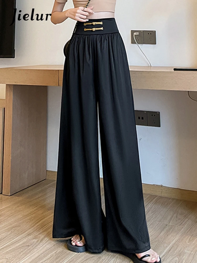 Шикозни копчета в китайски стил Jielur Свободни широки панталони с тънка еластична талия с пълна дължина Модни летни дамски панталони Офис дами
