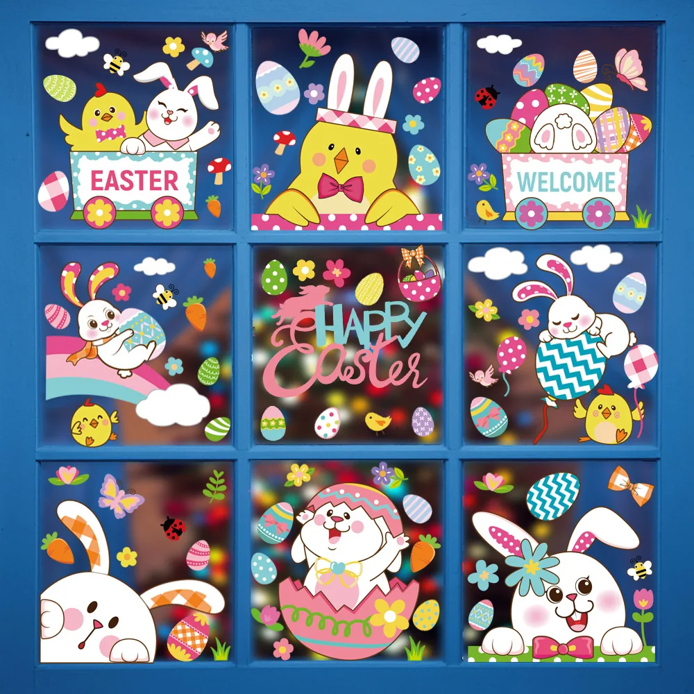 

Happy Easter Window Stickers Cartoon Rabbit Easter Eggs Window Decorations for Home Bunny Chick Decals Window Clings Stickers