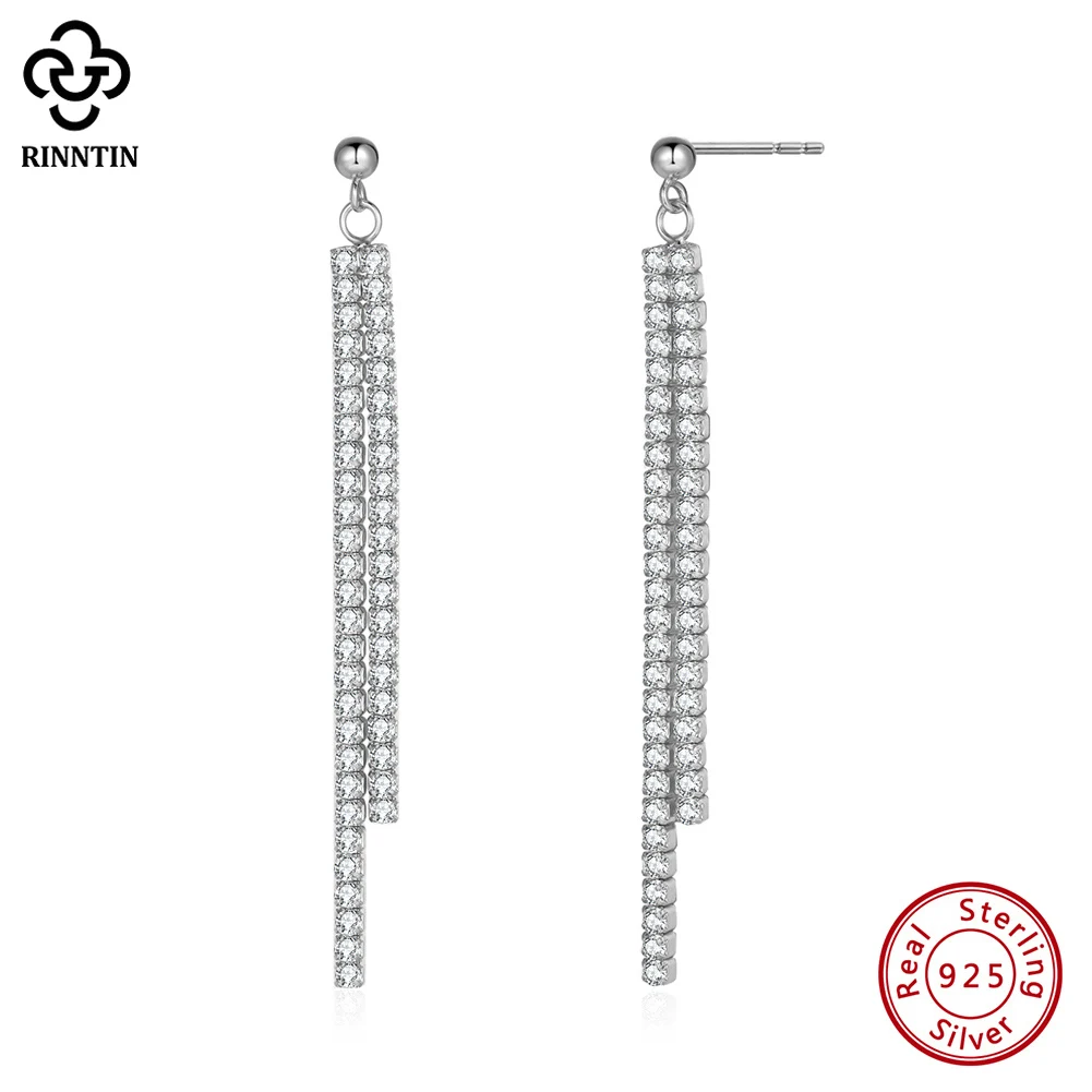 Rinntin Brilliant 925 Sterling Silver Dangle Long Chains Tennis Earrings for Women Shiny Drop Earings Jewelry Gifts SE398