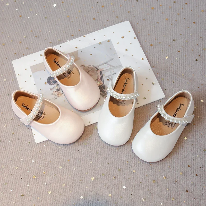 White Leather Kids Mary Janes Shoes for Girls with Beading