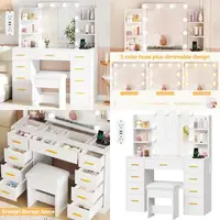 illuminated makeup vanity desk with glass top, 9 drawers, and power outlet for styling