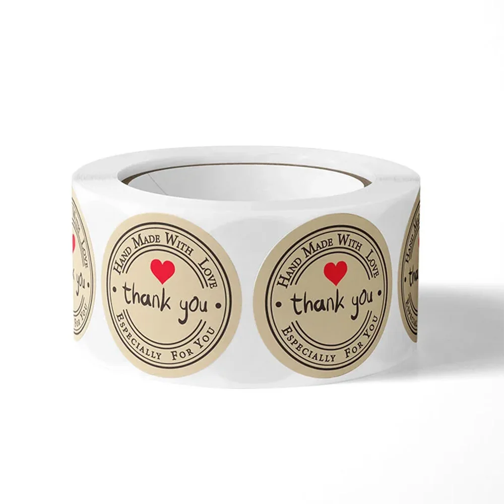 Kraft Paper Stickers Thank You Stickers 500pcs/roll Kraft Paper Handmade With Love Thank You Stickers DlY Decoration Label Gifts Baking Sealing