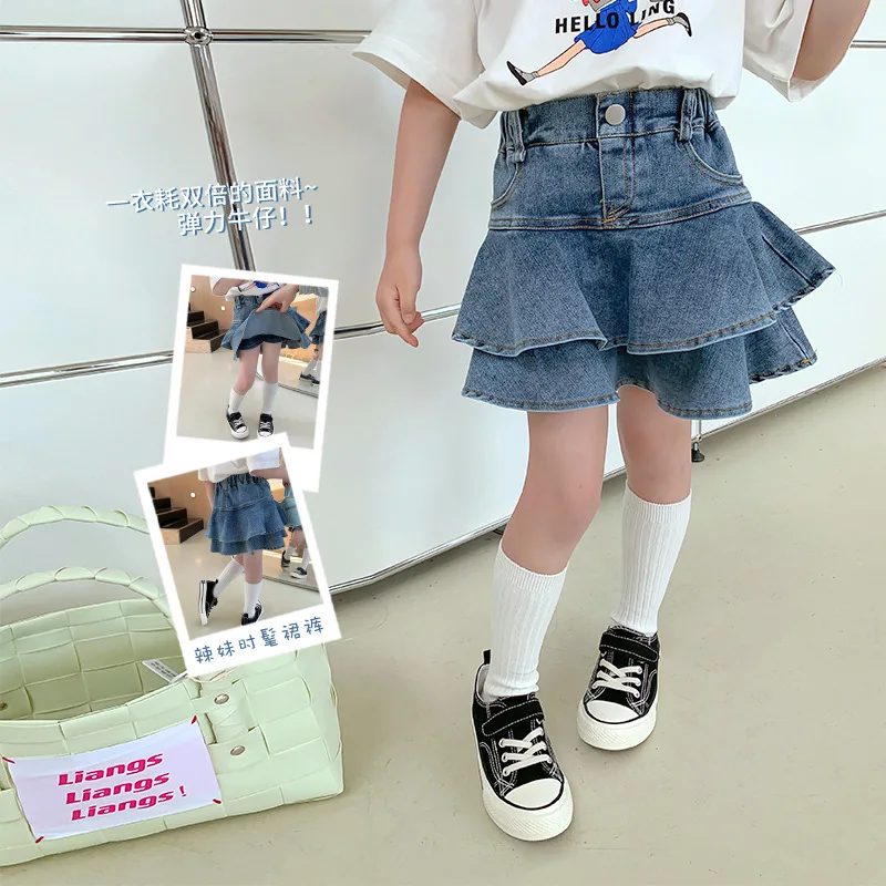 Girls Korean Version of Sweet Cool Babes High Elastic Denim Pleated Short Skirt Summer Children Fake Two Culottes