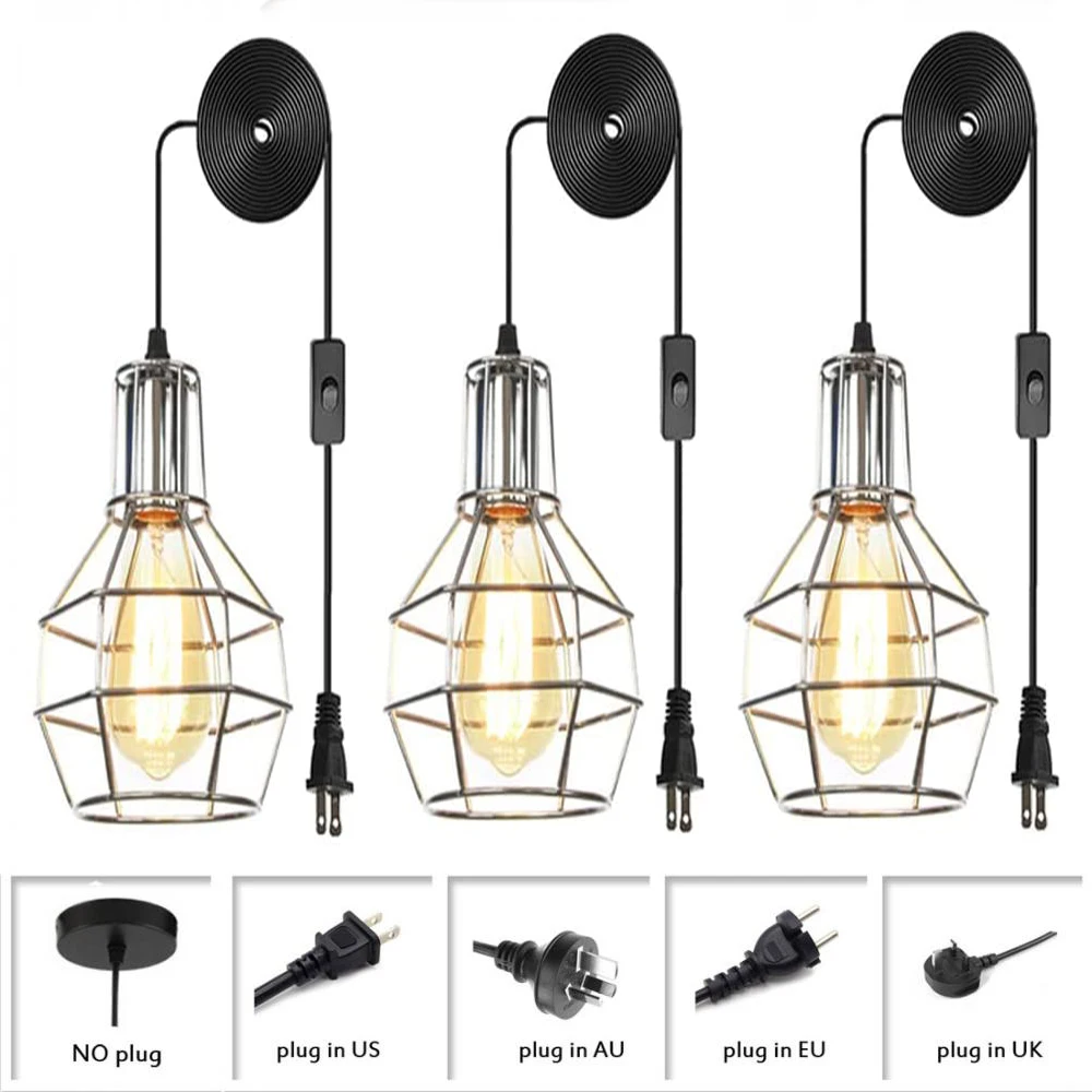 

Chrome Iron Basket Cage Plug In Pendant Lamp Hanging Light with Adjustable Plug In Cord Vintage Set of 3 Metal Cage Pendant