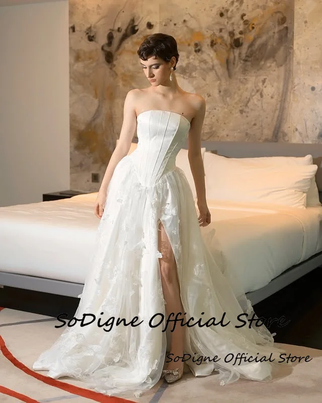 SoDigne A-line Satin Wedding Dresses Strapless Sleeveless Split Bride Dress Beach Long Wedding Gowns vestidos de novia Customize 10 S18b907521f2d42c7a59bb1af971ce5ffg