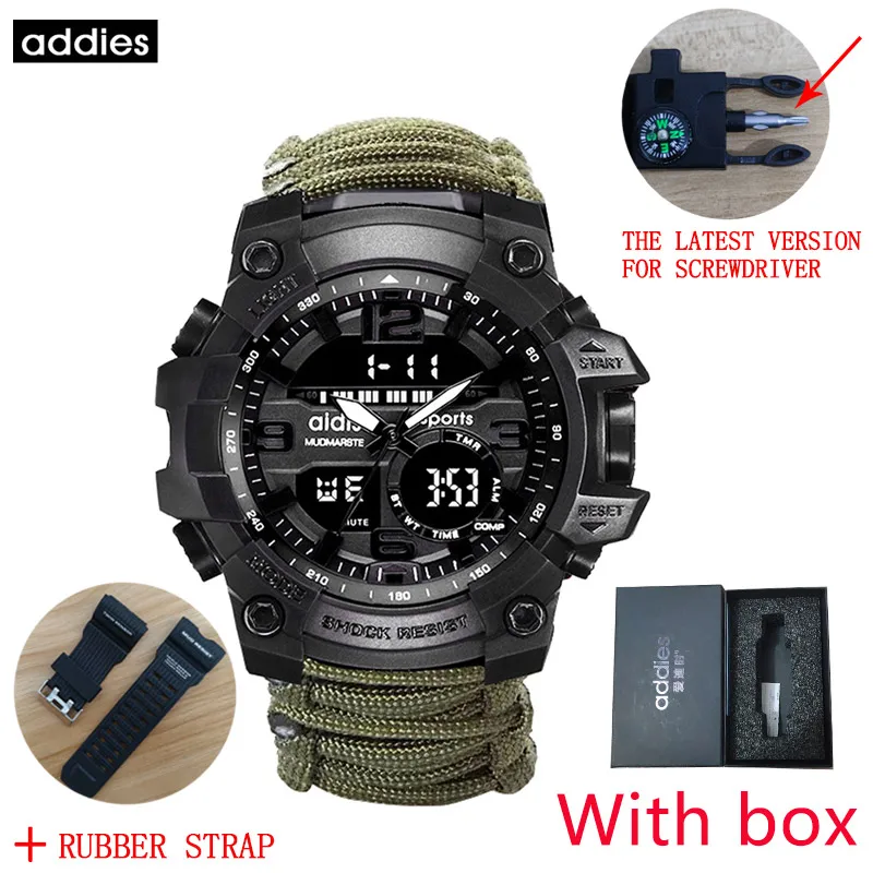 ADDIES Military Survive Outdoor LED Digital Watch  Multifunction Compass Whistles Waterproof Quartz Army Watch relogio masculino 