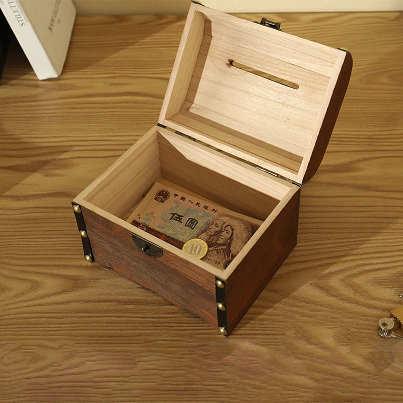 Wooden Retro Treasure Chest Piggy Bank Decorative Box With Lock, Coin, Banknote Storage Box Safe Money Box Gift 3