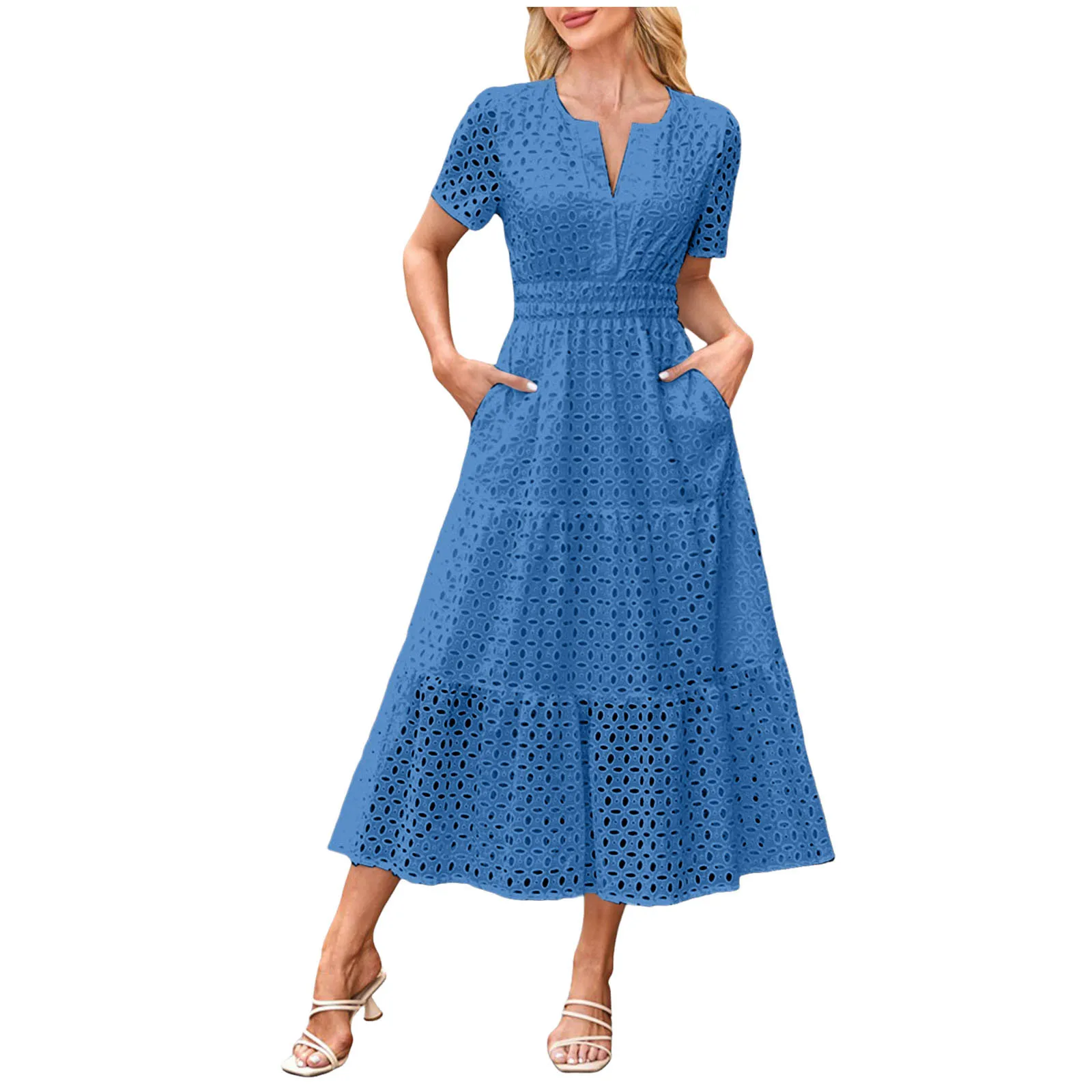 Cocktail Dresses For Women Short Sleeve High Waist Maxi Dress Sexy V Neck Hollow Long Dress Ruffle Hem A Line Dress With Pockets - 4