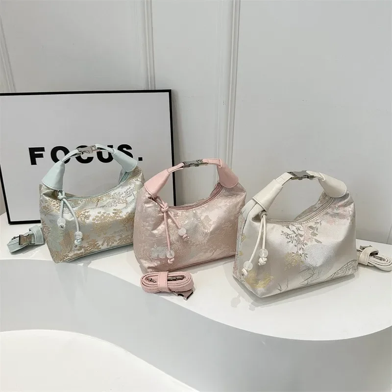 Sweet Embroidery Shoulder Bag Nylon Texture Pearl Pendant Crossbody Bag Small Bucket Handbag Women Canvas Luxury Cheongsam Bag